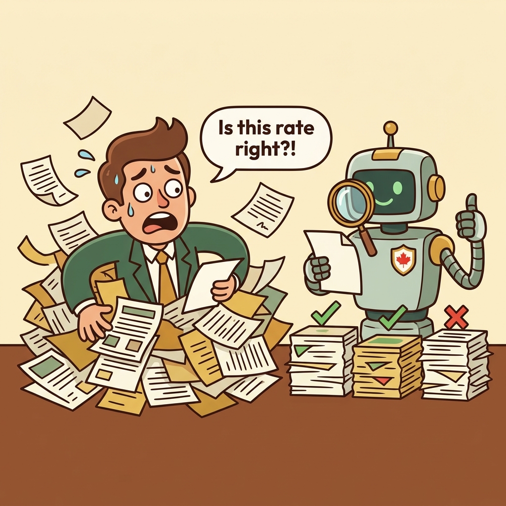 A stressed mortgage broker drowning in paperwork while a friendly robot sorts everything out